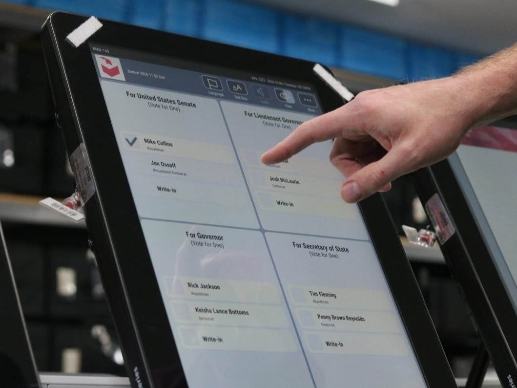 Georgia’s ballot marking devices display the candidates and ballot questions for the Nov. 3 midterm elections. Election workers in Bartow County, Georgia conducted their pre-election tests of the voting equipment on Oct. 6, 2026.