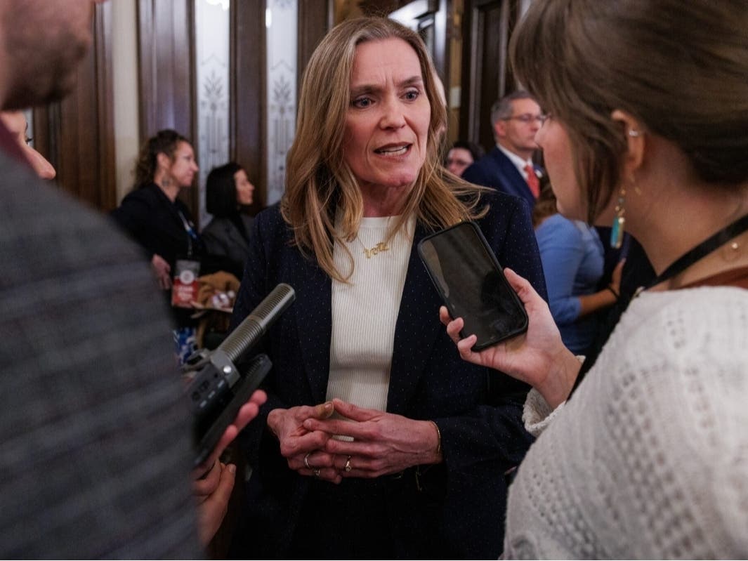 Senate Majority Leader Winnie Brinks, D-Grand Rapids, speaks to reporters at the Michigan Capitol in Lansing, Mich., after Michigan Gov. Gretchen Whitmer’s eighth and final State of the State address on Feb. 25, 2026. 