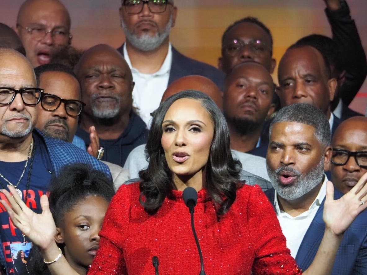  Detroit Mayor-elect Mary Sheffield speaks to reporters at her election night party at MGM Grand Detroit. Unofficial results show Sheffield will become the city’s mayor next year, and the first woman mayor in its storied history. Nov. 4, 2025