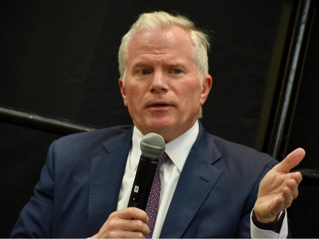 Former Attorney General and Republican gubernatorial primary candidates Mike Cox speaks at a forum presented by the Michigan Press Association at its annual conference. April 23, 2026 