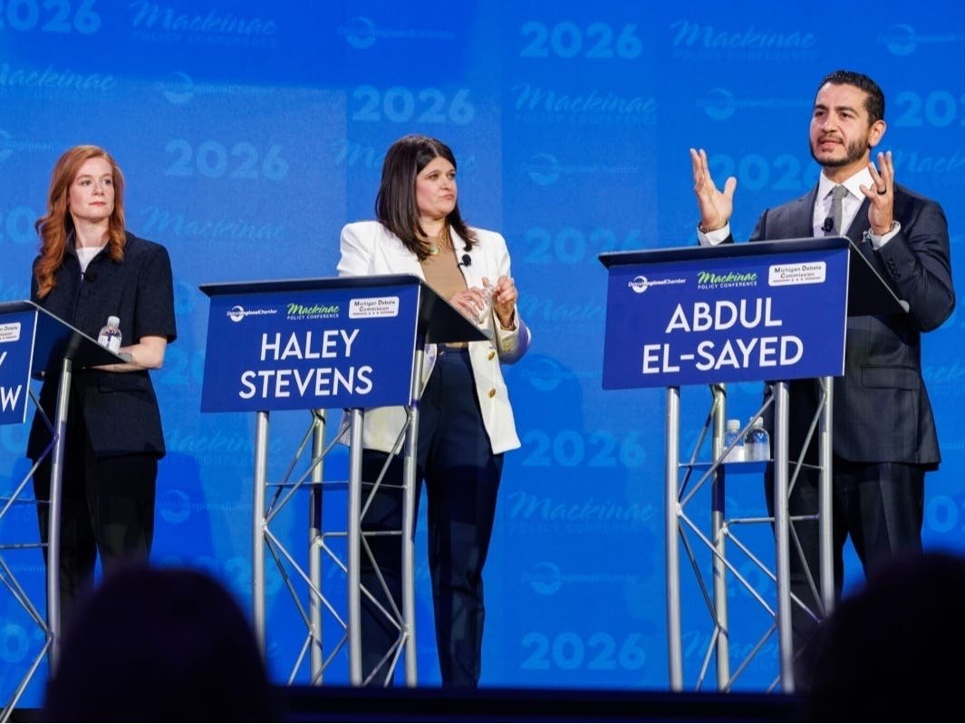State Sen. Mallory McMorrow, left, U.S. Rep. Haley Stevens, center, and former Wayne County Health Director Abdul El-Sayed, right, participate in a Michigan U.S. Senate candidate debate on May 28, 2026.