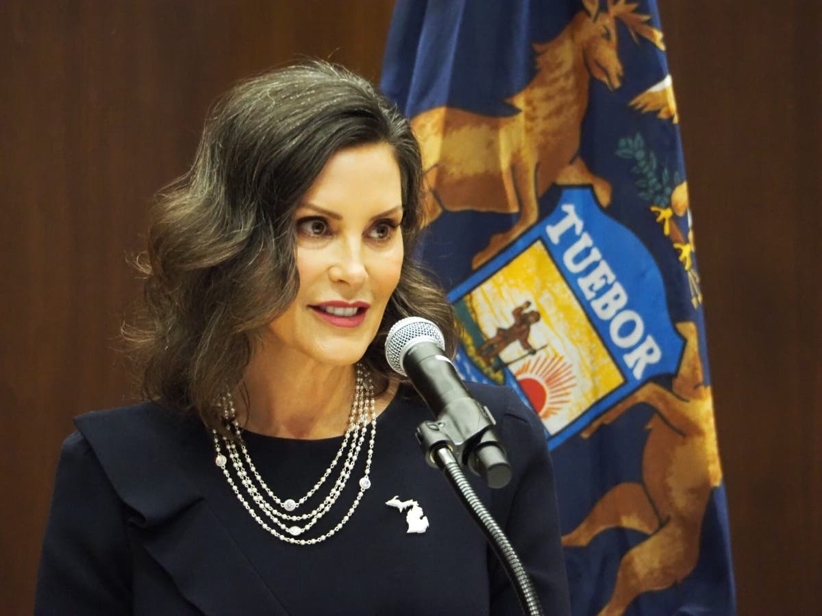 Michigan Gov. Gretchen Whitmer addresses the 2025 state budget impasse and the damage of federal tariffs on the state’s economy at Heritage Hall in Lansing, Mich., Sept. 16, 2025