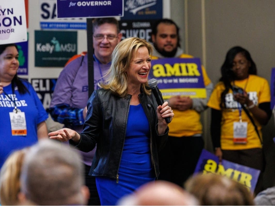 Michigan Secretary of State Jocelyn Benson speaks at the Michigan Democratic Party Endorsement Convention in Detroit, Mich., on April 19, 2026.