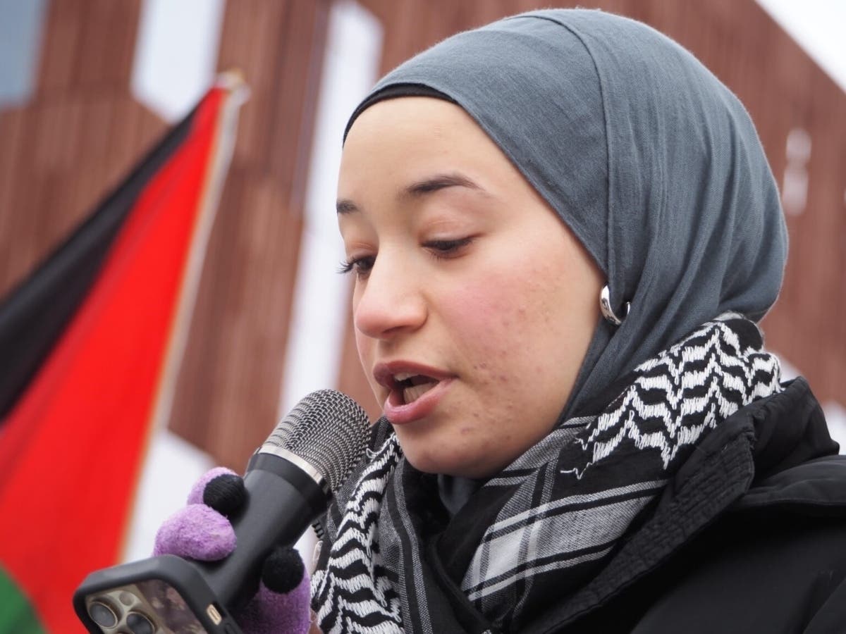 Eaman Ali speaks at a press conference on Jan. 29, 2026, calling for an end to ongoing disciplinary charges against University of Michigan students and alumni who took part in anti-genocide and divestment demonstrations in 2024.   