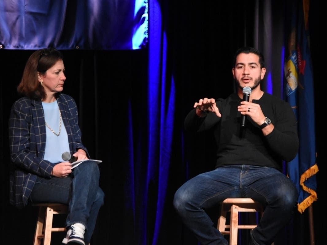 U.S. Senate candidate Abdul El-Sayed and End Citizens United President Tiffany Muller discussed corporate influence at a town hall in Lansing on Oct. 9. 