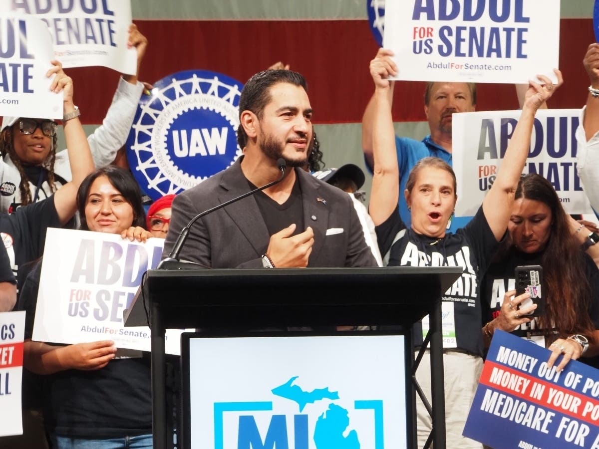 Abdul El-Sayed, Michigan’s Democratic nominee for U.S. Senate, at the Michigan Democratic Party’s nominating convention on Aug. 29, 2026. 
