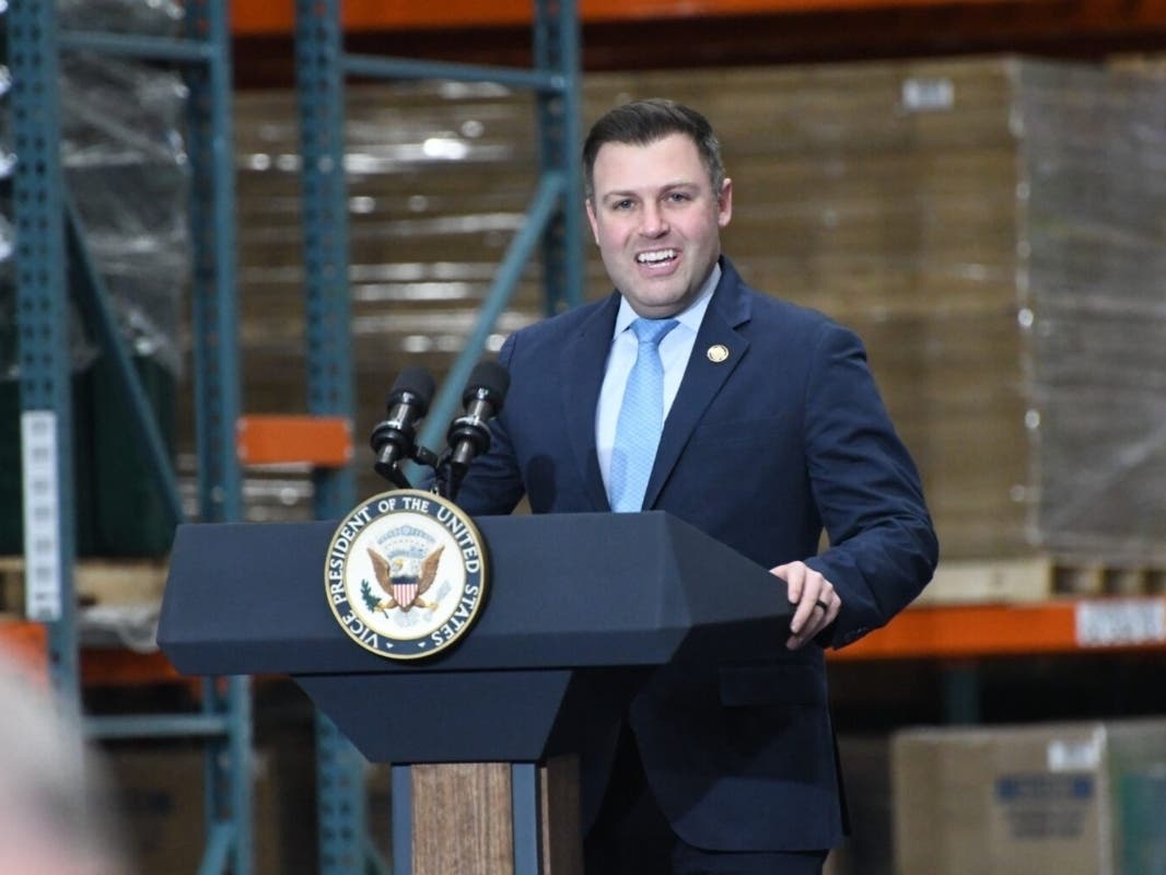 U.S. Rep. Ryan Mackenzie (R-7th District) speaks during a rally with Vice President J.D. Vance at the Uline shipping materials warehouse in Lower Macungie Township on Tuesday, Dec. 16, 2025.