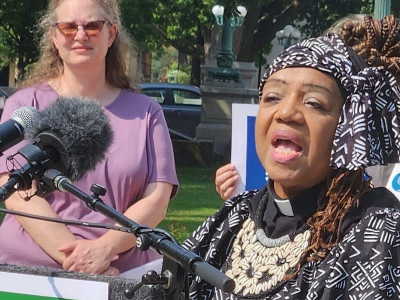 Rev. Teresa Thomas-Boyd, a faith partnership consultant for the Walnut Way Conservation Corp. in Milwaukee, speaks at a news conference in Madison Tuesday.