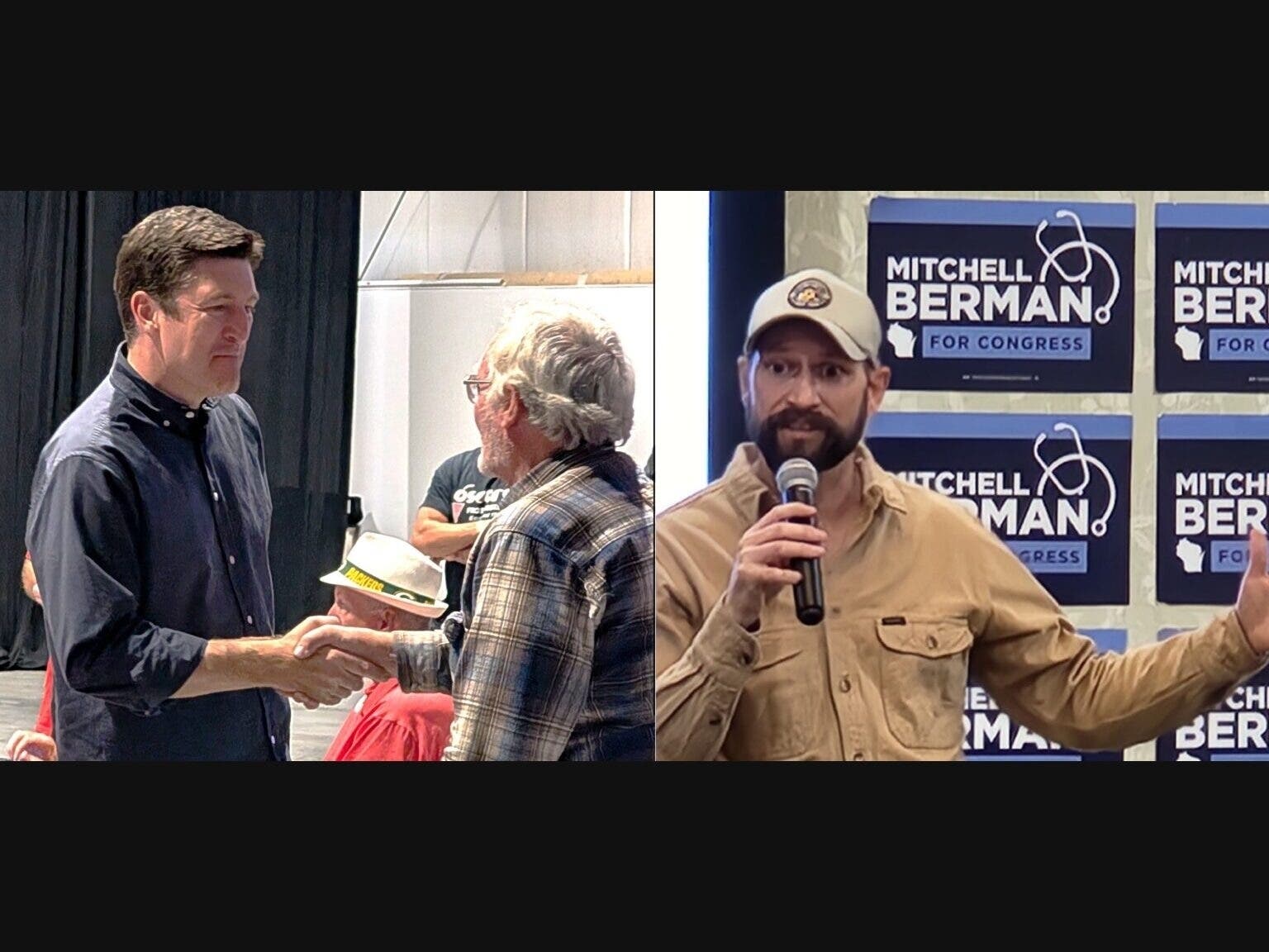 On the left, U.S. Rep Bryan Steil greets a voter at a rally in Waukesha Tuesday, Oct. 13. On the right, Steil’s Democratic challenger, Mitchell Berman, speaks to supporters in Milton, also on Oct 13.