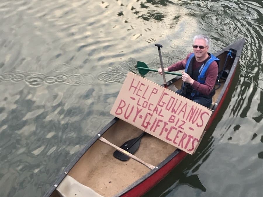 Owen Foote, treasurer of the Gowanus Dredgers, paddled the Gowanus Canal last week in support of local businesses. 