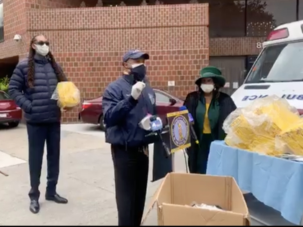 Brooklyn Borough President Eric Adams, flanked by Council Member Robert Cornegy, delivered PPEs to Crown Heights Nursing and Rehabilitation Center on Thursday.