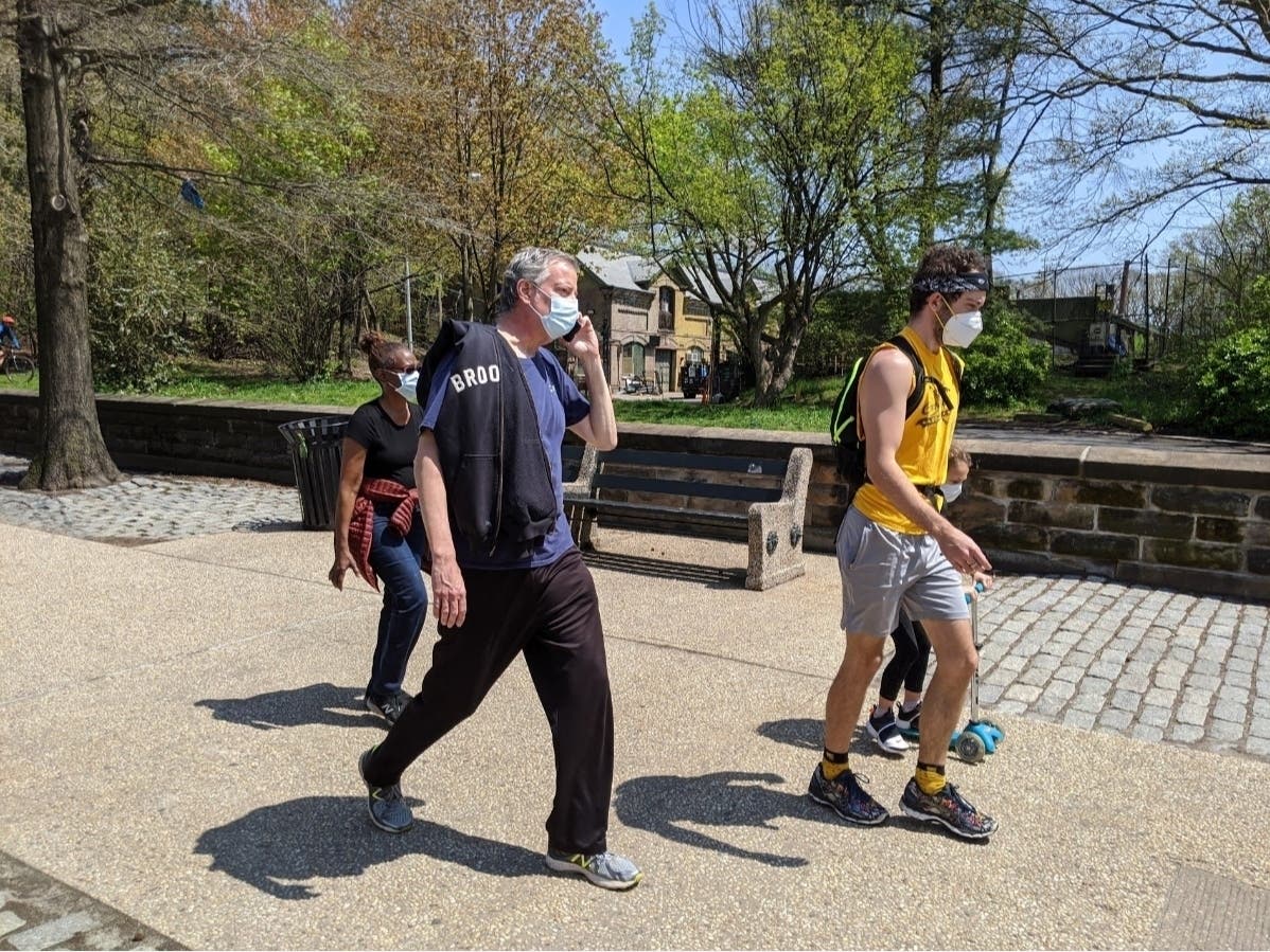 Mayor Bill de Blasio was heckled Saturday for traveling to Prospect Park amid the coronavirus lockdown.