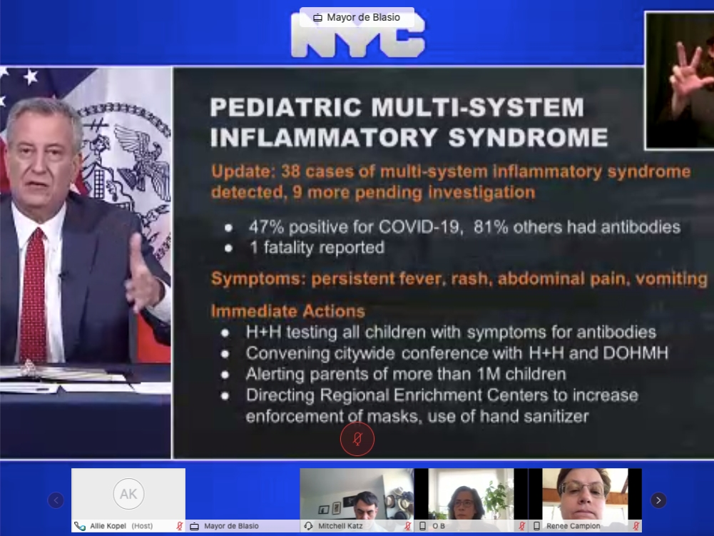 Mayor Bill de Blasio on Sunday raised concern over a rare, coronavirus-linked syndrome that appears in children/