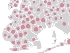 A NYC Health Department map shows the number of coronavirus deaths by zip code in Brooklyn. The bigger the circle, the more deaths there are.