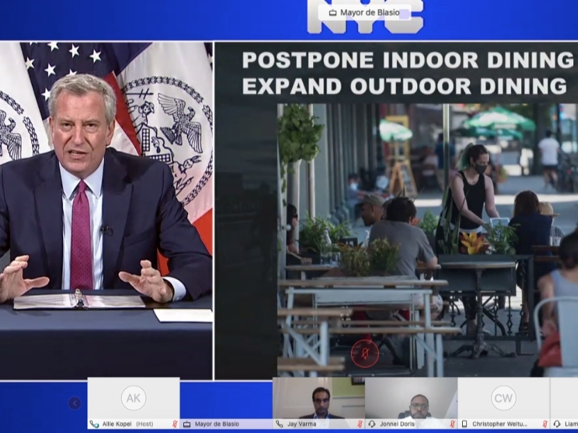 The city will "double down" on outdoor dining after COVID-19 resurgence in other states tied to indoor dining, Mayor Bill de Blasio said.