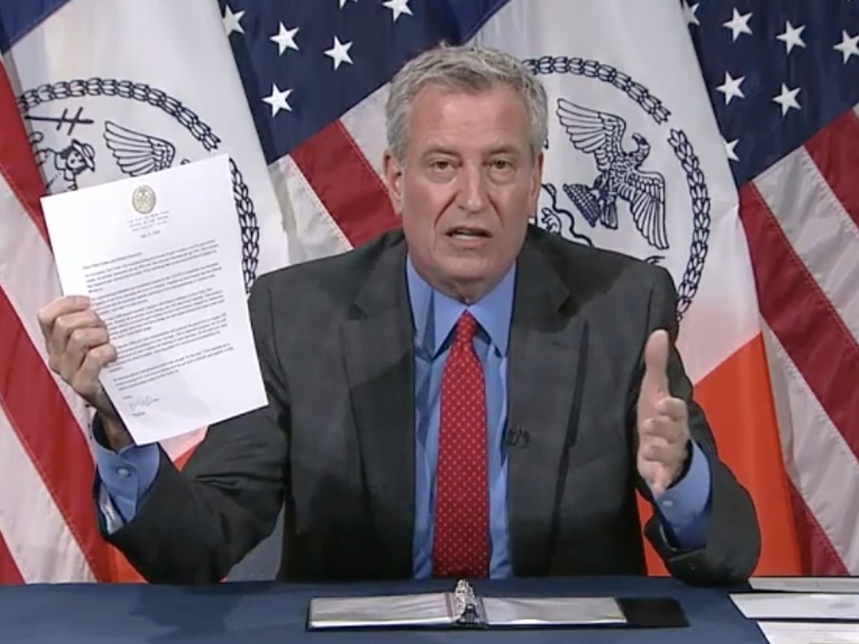 Mayor Bill de Blasio called for courts to reopen and support for community anti-violence efforts after Sunday saw 15 shootings citywide.