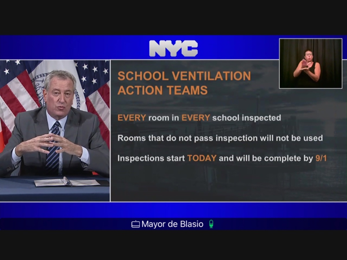 Mayor Bill de Blasio said “school ventilation action teams” wrap up work Sept. 1 to make sure classrooms are safe during coronavirus.