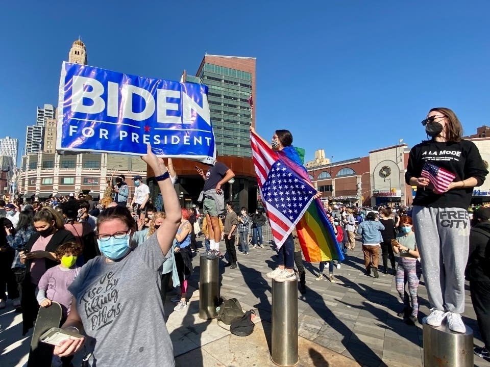 Celebrations erupted in New York City the moment former Vice President Joe Biden was projected to win the presidency over Donald Trump.
