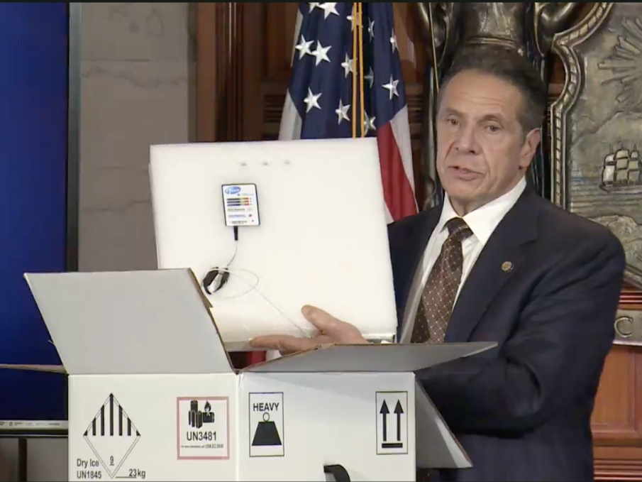 Gov. Andrew Cuomo showed off a Pfizer vaccine box like those to be shipped Dec. 15: "This is the weapon that’s going to win the war."