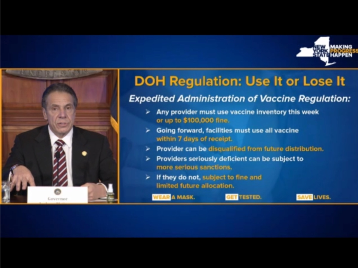 Gov. Andrew Cuomo said Health + Hospitals system has seven days to use up coronavirus vaccines. It only used 31 percent of doses received.