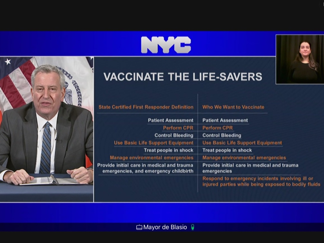 Mayor Bill de Blasio on Thursday compared the state’s current vaccination requirements versus the NYPD officers city officials want to vaccinate.