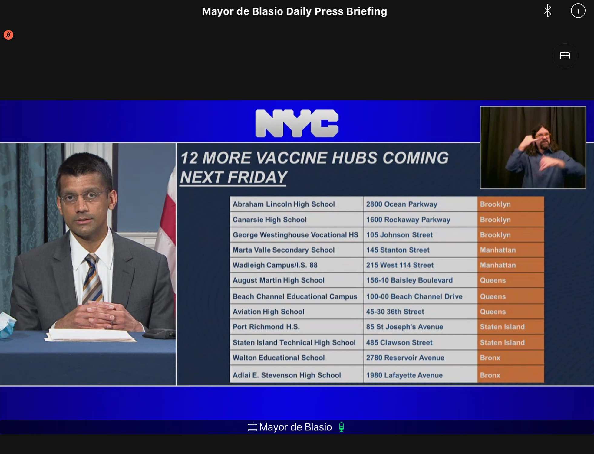 City Health Commissioner Dave Chokshi displays a slide showing where new COVID-19 vaccine hubs will open next week. (NYC Mayor’s Office)
