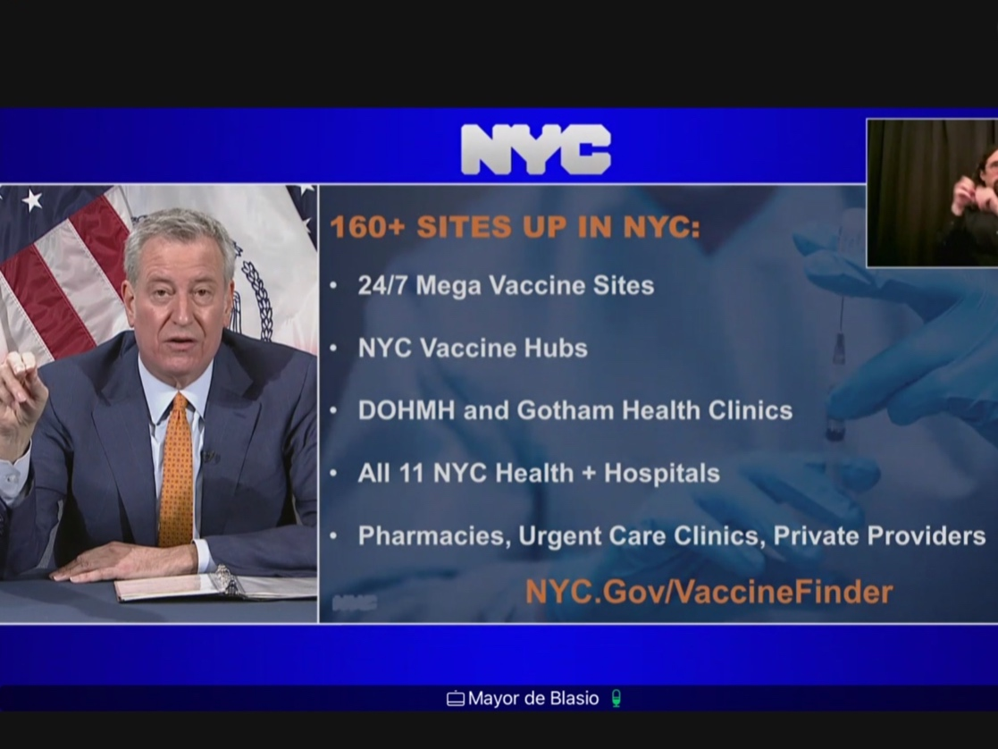Mayor Bill de Blasio outlined New York City’s growing ways to book vaccinations after the elderly, teachers and more become eligible.
