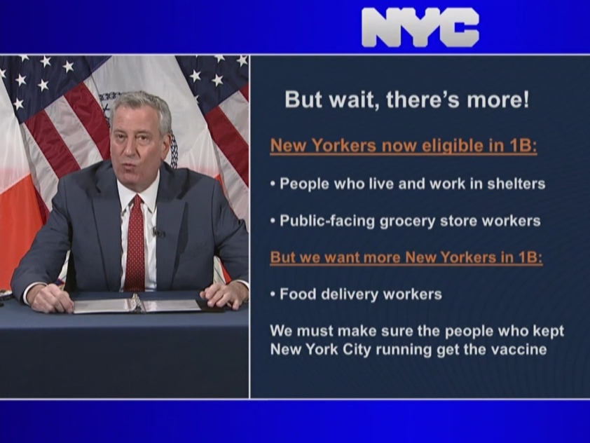 Mayor Bill de Blasio said the city will open up COVID-19 vaccinations to more essential workers, as well as a new “mega site” at Citi Field.