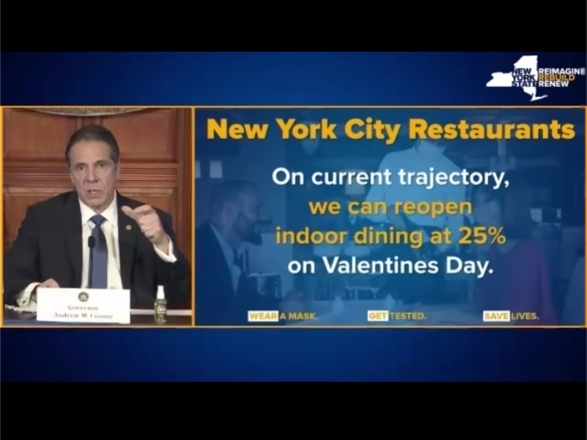 Restaurants can reopen at 25 percent capacity on Feb. 14, so long as COVID-19 rates keep downward trend, Gov. Andrew Cuomo said.