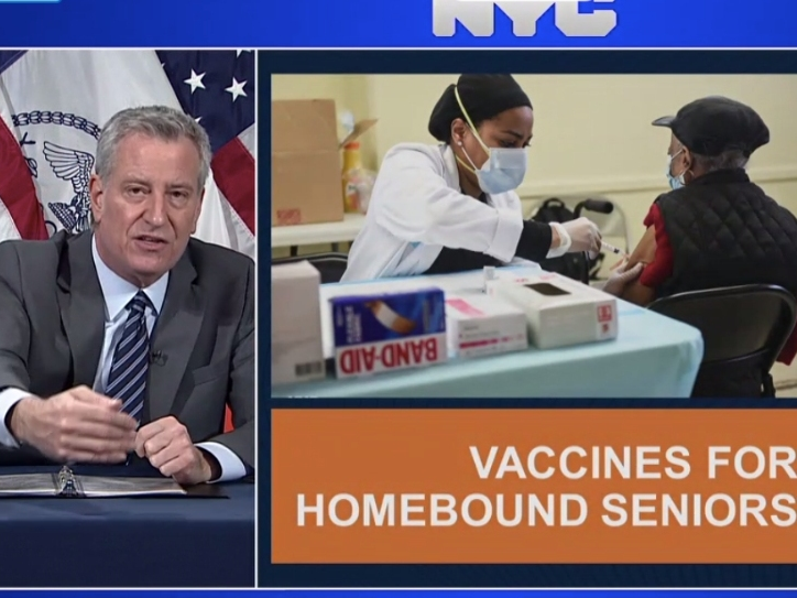 Mayor Bill de Blasio announced efforts to reach home bound seniors, home health aides and hard-hit Brooklyn communities.