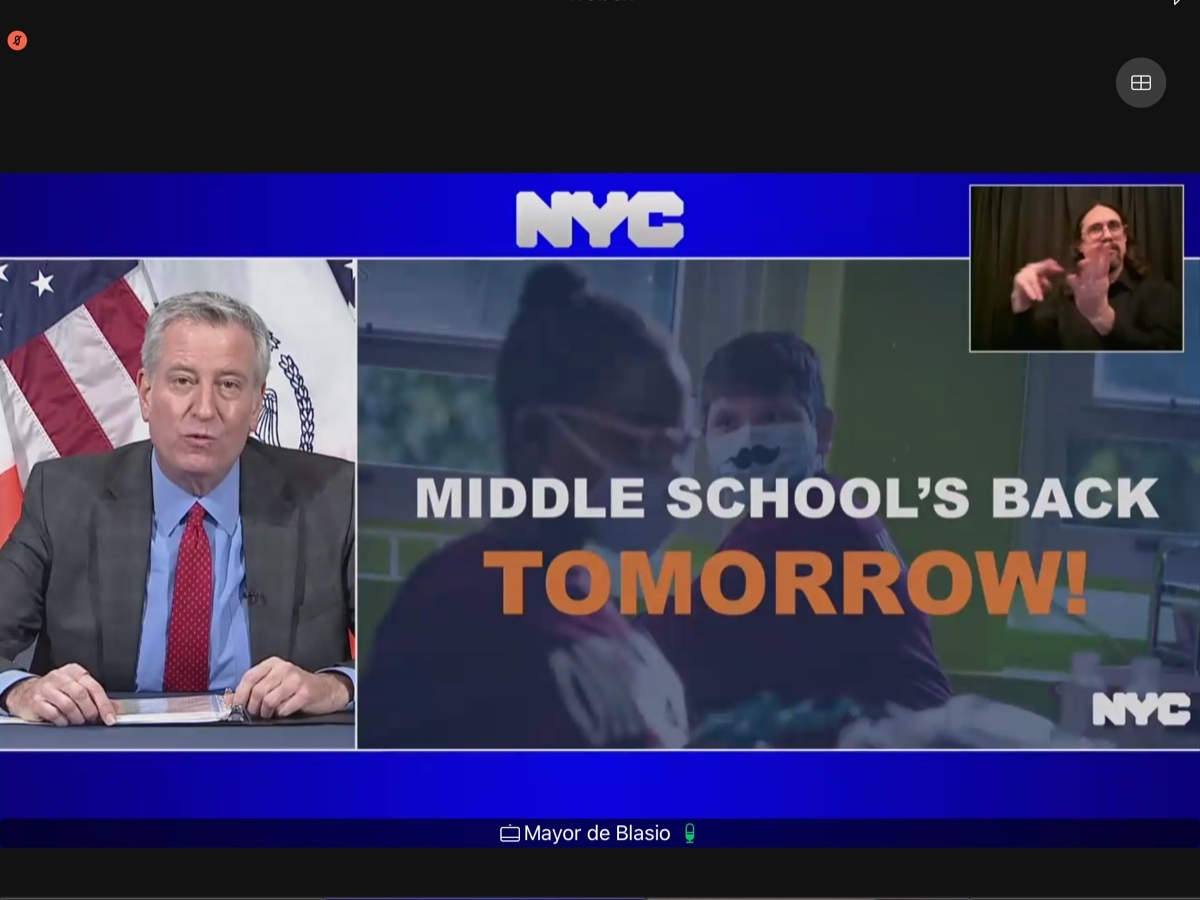 Middle schools return to in-person learning on Thursday. Mayor Bill de Blasio said a high school reopening plan will be announced in the next few weeks.