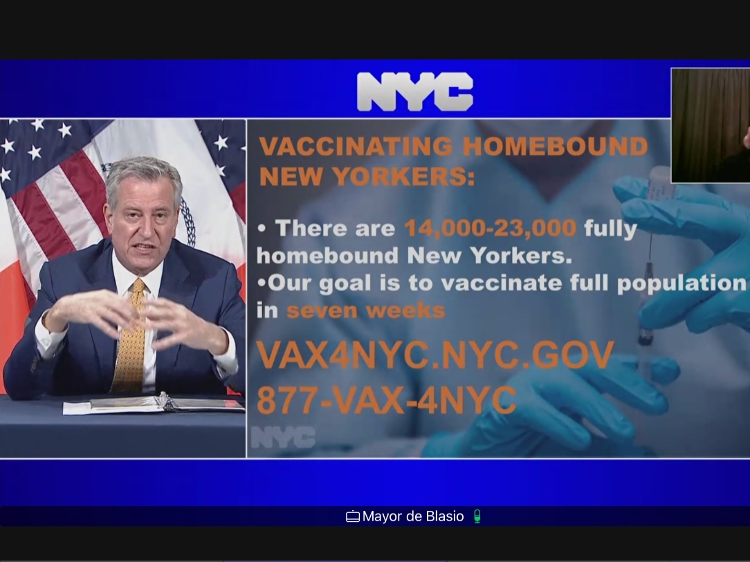 A massive door-to-door effort aims to vaccinate up to 23,000 homebound seniors in the next seven weeks, Mayor Bill de Blasio said.