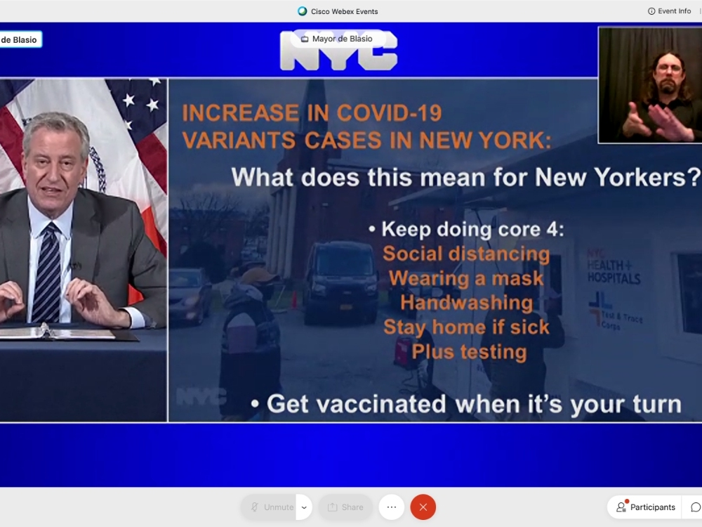 Mayor Bill de Blasio gave an update on coronavirus variants' increasing prevalence in New York City.