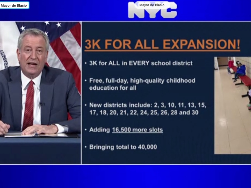 Mayor Bill de Blasio on Wednesday announced that 3-K programs will be offered for free citywide in September.