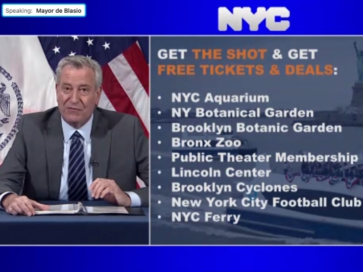 Mayor Bill de Blasio announced Monday that the city will start offering incentives for New Yorkers who get vaccinated against the coronavirus.