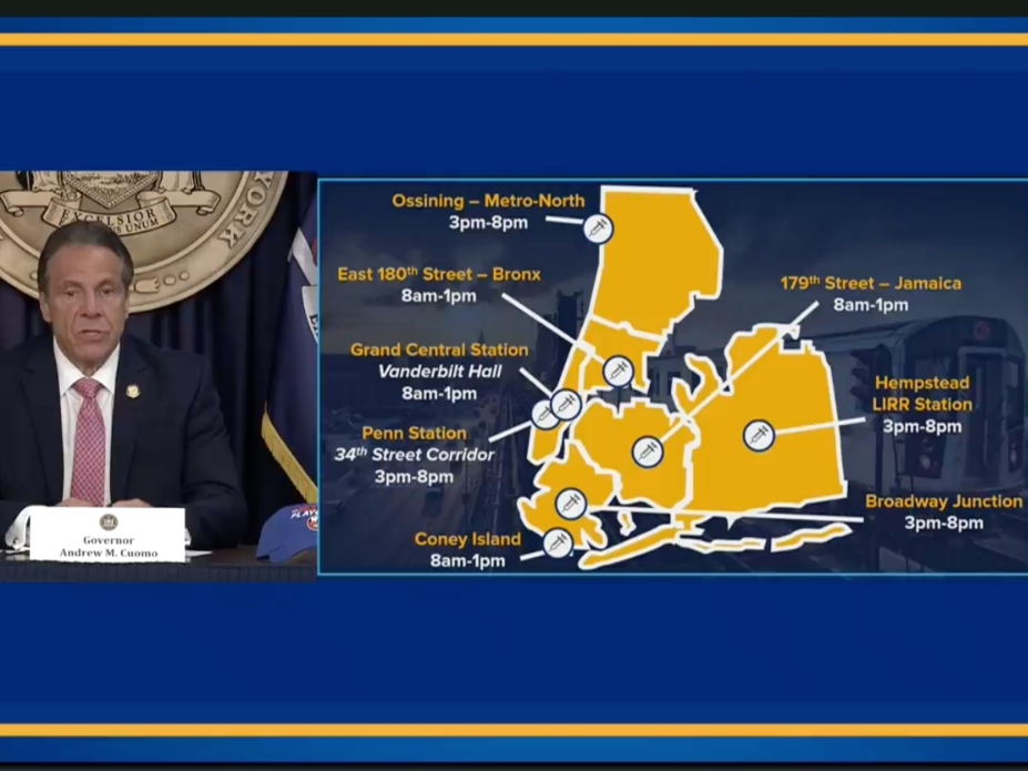 Riders who get shots at eight hubs will receive free seven-day subway passes or two one-way LIRR or Metro-North passes, Gov. Andrew Cuomo announced Monday.