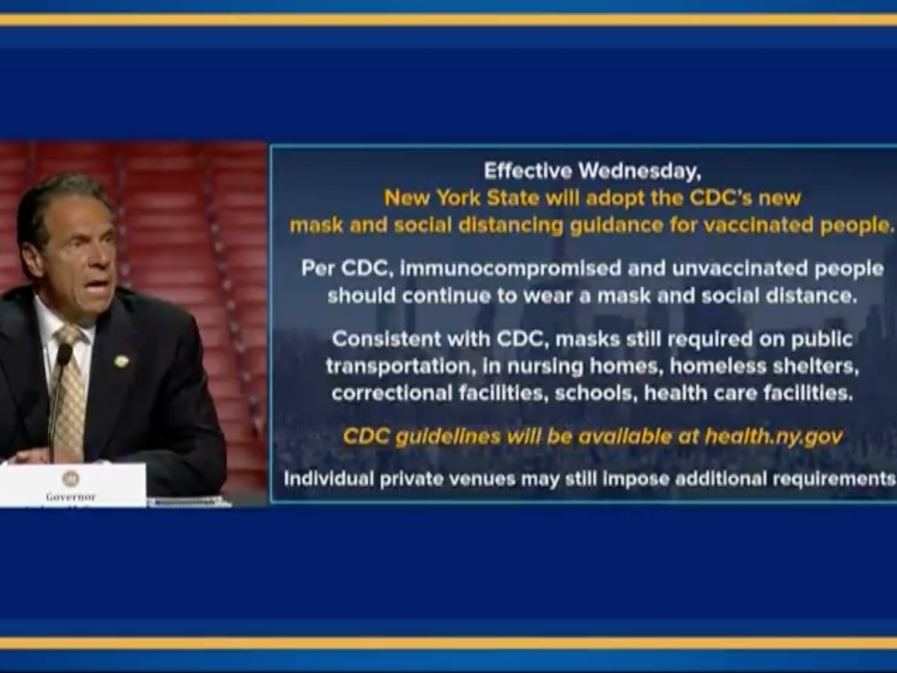 New York will adopt the CDC's recent guidance that people fully vaccinated against COVID-19 can go maskless in most indoor spaces starting Wednesday, Gov. Andrew Cuomo said.