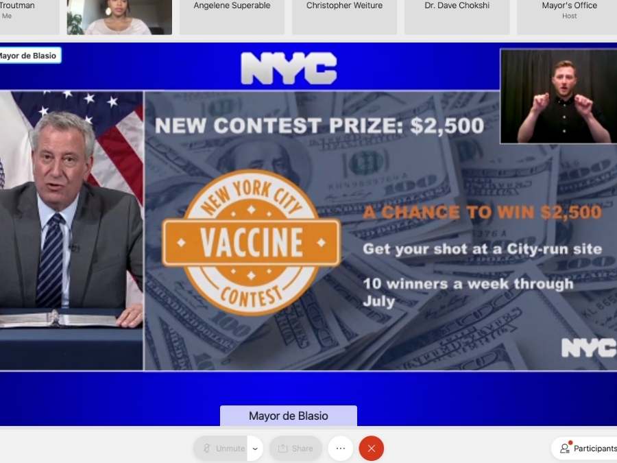 Mayor Bill de Blasio on Wednesday announced New Yorkers who get COVID-19 vaccines at city-run sites could win $2,500.