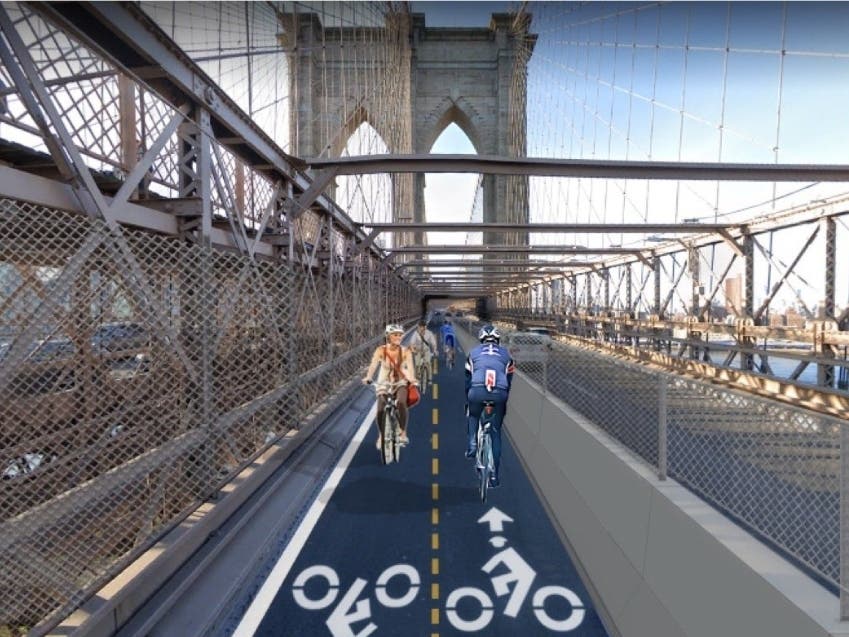 Work on long-awaited roadway bike lanes on the Brooklyn Bridge starts next week and will be completed by fall, Mayor Bill de Blasio said.