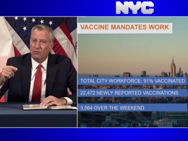 Mayor Bill de Blasio said Monday that a coronavirus vaccine mandate for New York City public workers was a success.