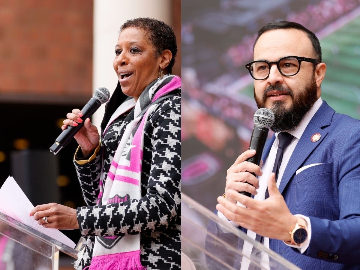 Council members Adrienne Adams and Francisco Moya speak during a press conference to announce Queensboro FC's new soccer stadium at York College on April 27. Both have declared victory in the race for City Council speaker.