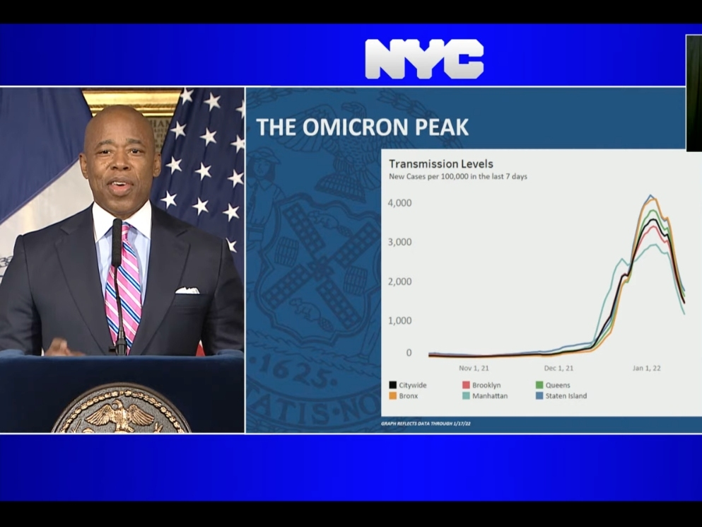 New York City appears to be past the omicron wave's peak, but hospitalizations and deaths could still lag and spike, Mayor Eric Adams said Tuesday.