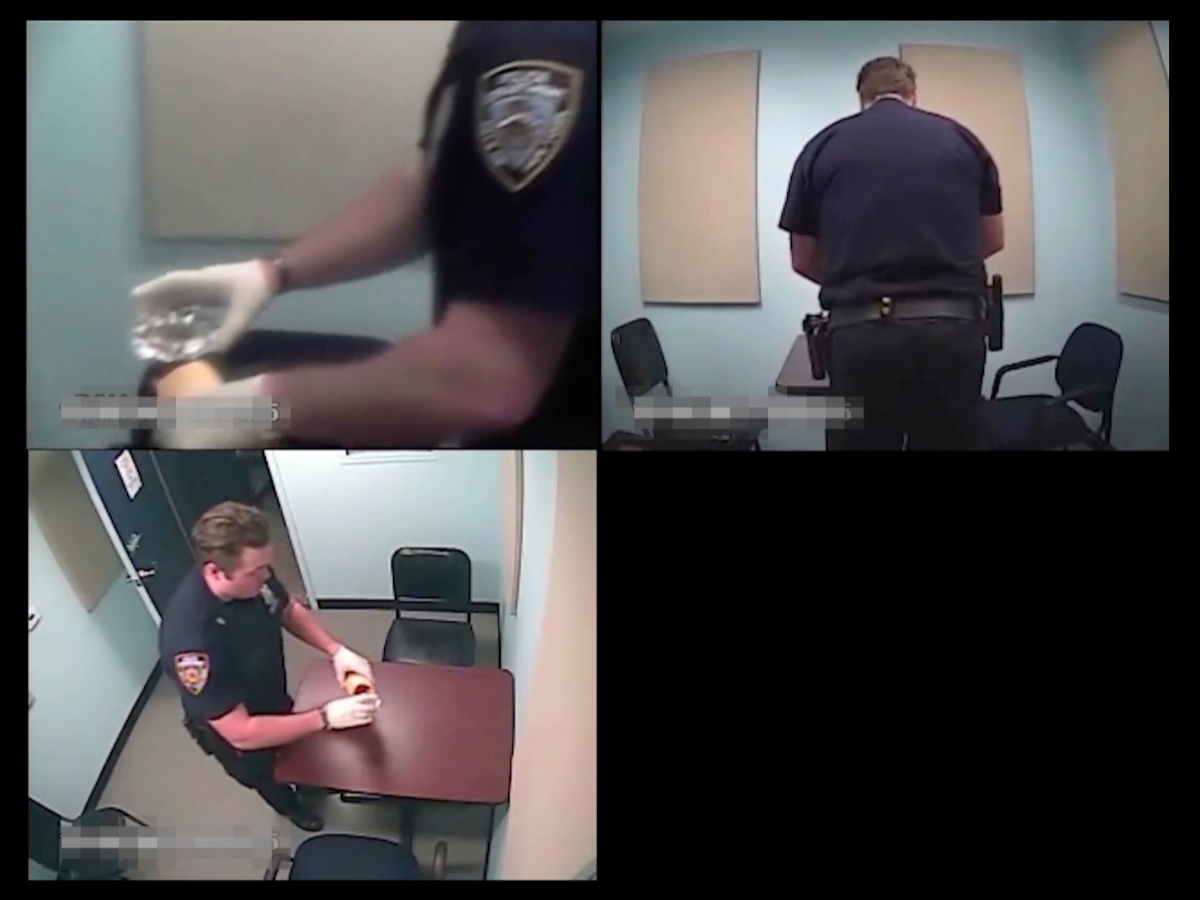 NYPD video published by The Legal Aid Society shows an officer collecting a DNA sample.