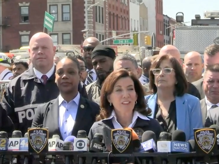 Gov. Kathy Hochul, flanked by NYPD Commissioner Keechant Sewell, updates New Yorkers on a Tuesday mass shooting in the subway.
