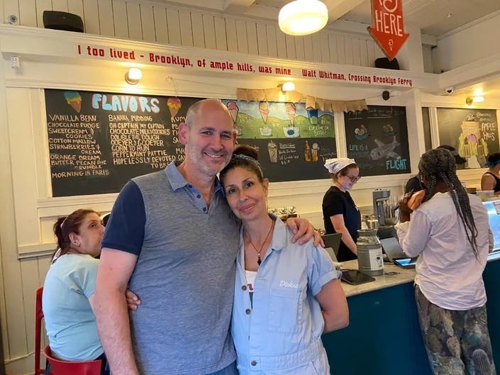 Ample Hills co-founders Brian Smith and Jackie Cuscuna at the store's reopening on Wednesday. 