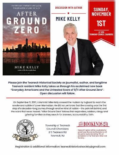 Mike Kelly To Discuss His New Book, "After Ground Zero," at Teaneck Historical Society Event