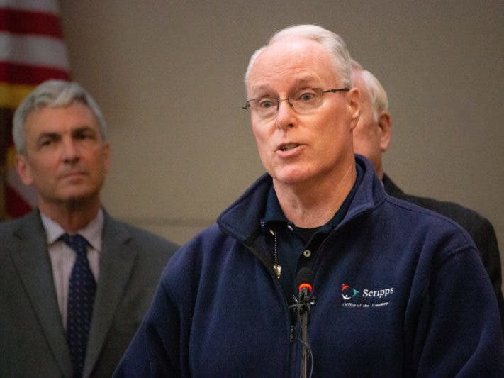 Scripps Health CEO Chris Van Gorder speaks at a press conference about the coronavirus pandemic. 