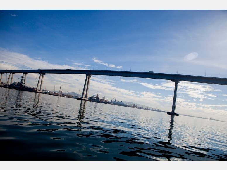 A view of the Coronado Bridge from the back of a Harbor Police boat.