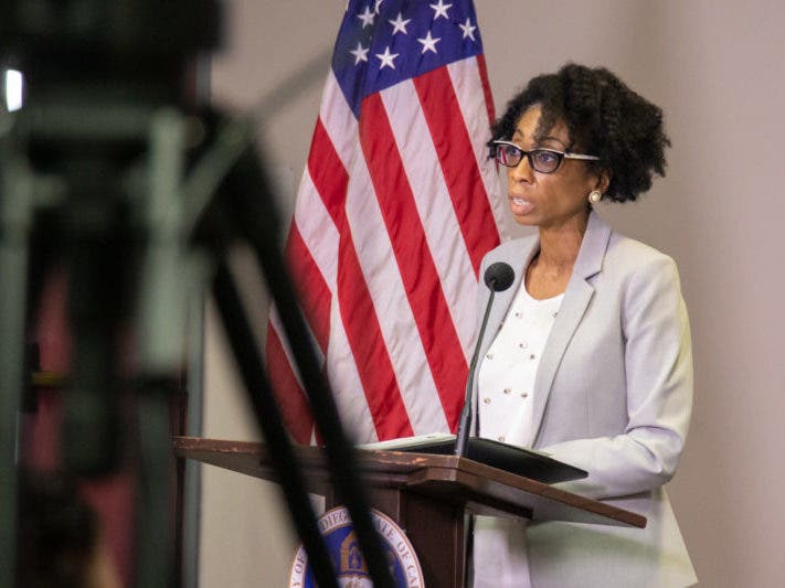 Councilwoman Monica Montgomery speaks at a press conference announcing San Diego Police Department’s decision to stop using the carotid restraint method. / Photo by Adriana Heldiz