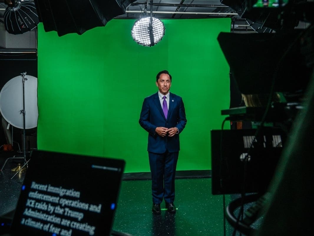 Mayor Todd Gloria in front of a green screen before being filmed for an internal communications video on July 22, 2025, in downtown. 